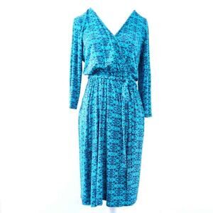 Market & Spruce Faux Wrap Dress O'Hara Ikat LG Blue Tonal, Comfy Knee Length